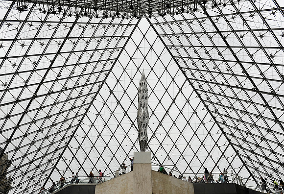 Sculpture inside the Louvre Pyramid at the Louvre in Paris, France. The sculpture is changed every few months.July 16, 2012