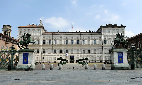 Palazzo Reale in Turin, Italy. The bell tower and dome of the Duomo is visible in the left background.July 11, 2012