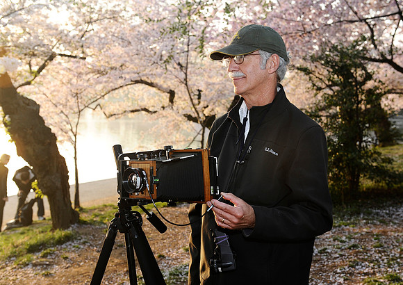 Bill Seelig takes photos around the Tidal Basin on a 4x5 view camera on the morning of March 23, 2012.