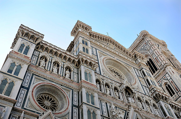 Front façade of the Basilica of Saint Mary of the Flower (Duomo) in Florence, Italy.July 5, 2012