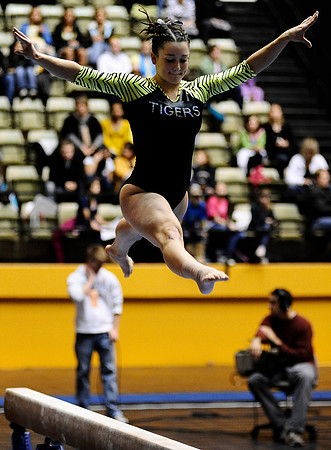 Brittany Bendoff performs on the beam during Missouri's match against Oklahoma at the Hearnes Center on February 19, 2010.