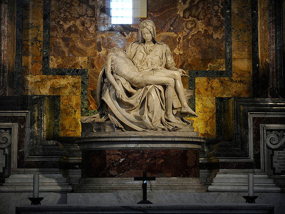 Michaelangelo's "Pietà" in St. Peter's Basilica in the Vatican City. There is a reflection to the left of Mary's head, since the scultpure is behind glass.July 3, 2012