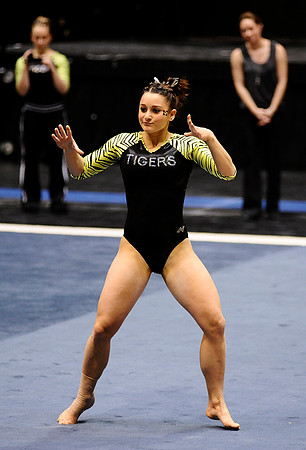 Brittany Bendoff performs on the floor at Missouri's match against Oklahoma at the Hearnes Center on February 20, 2010.